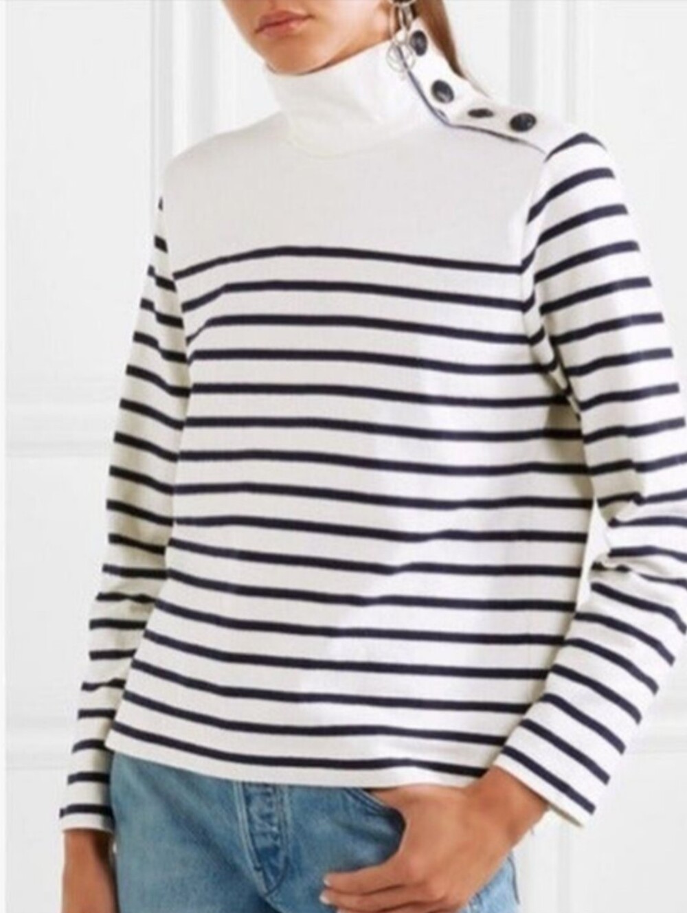 J. CREW STRIPED BUTTON-SHOULDER TURTLENECK SWEATER